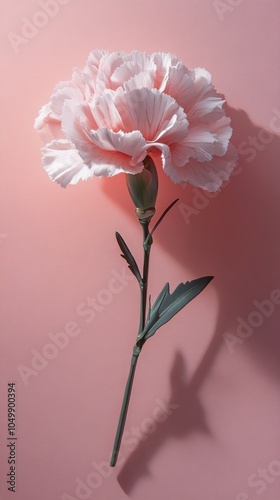 Beautiful pink carnation flower with green leaves on a soft pastel background...