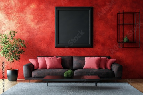 This lively living space features a striking red wall adorned with a large em...