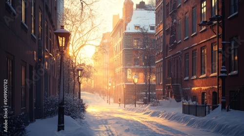 A quiet snow-covered street glows softly under the warm light of the sunrise, flanked by beautiful old residential buildings. Winter serenity in an urban landscape.