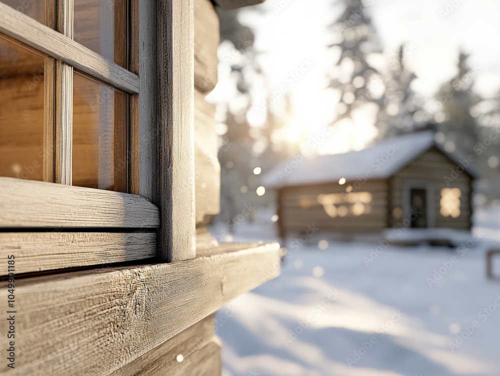 cozy wooden cabin surrounded by snow creates serene winter atmosphere, with sunlight filtering through trees and gentle snowfall enhancing peaceful scene cozy wooden cabin surrounded by snow creates serene winter atmosphere, with sunlight filtering through trees and gentle snowfall enhancing peaceful scene