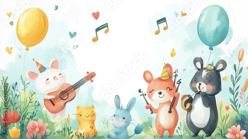 Watercolor illustration of cute animals playing music in a whimsical garden.