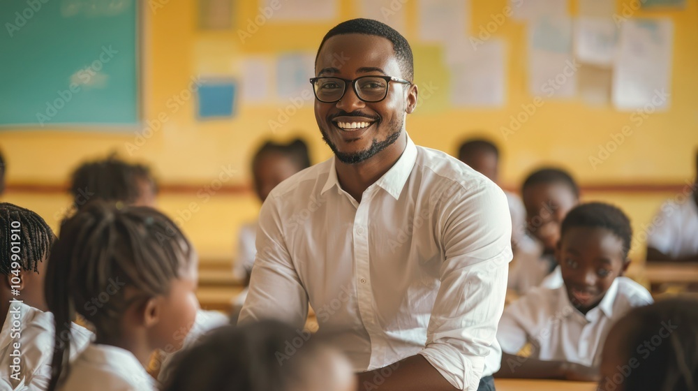A cheerful school staff member interacting with students in a classroom, promoting a positive learning environment A cheerful school staff member interacting with students in a classroom, promoting a positive learning environment