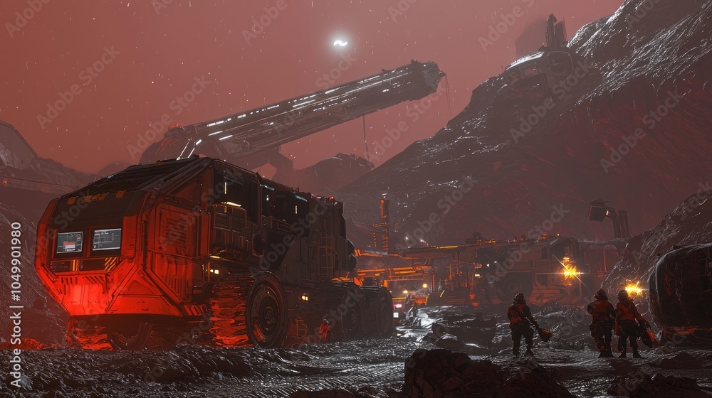 Intense Space Mining Operation on Alien Planet during Storm - 3D Render Illustration with Workers Securing Equipment | Futuristic Sci-Fi Mining Scene Intense Space Mining Operation on Alien Planet during Storm - 3D Render Illustration with Workers Securing Equipment | Futuristic Sci-Fi Mining Scene