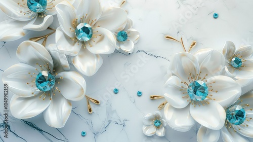 White flowers with blue gems on marble background.
