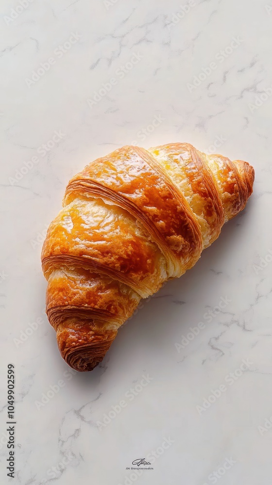 A Single Golden Brown Croissant on a White Marble Background A Single Golden Brown Croissant on a White Marble Background