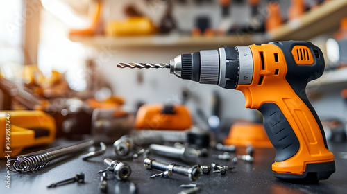 Close-up of a cordless drill with blurred background of tools, power drill, drill bit, screwdriver, hardware, construction