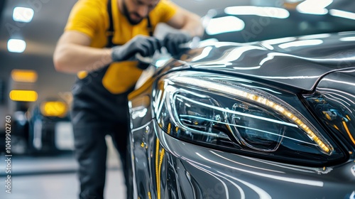 A close-up of a car detailer working on a vehicle in a salon, emphasizing the quality of car care services photo