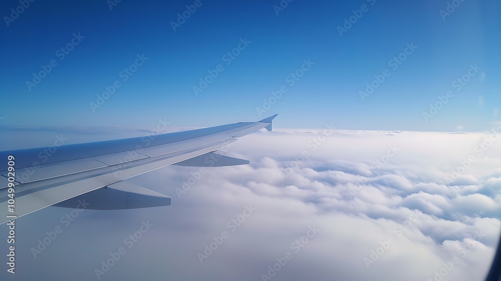 Fototapeta premium Stunning aerial scene captured from an airplane window at cruising altitude with an endless view of clouds below and the airplane wing contrasting the expansive blue sky above