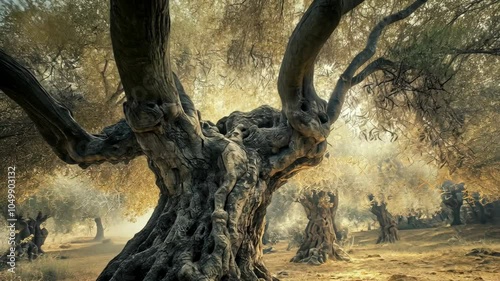 An ancient olive tree stands tall in a grove on a sunny day