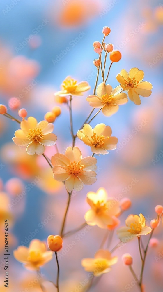 Delicate orange flowers bloom in springtime with soft sunlight illuminating their petals Delicate orange flowers bloom in springtime with soft sunlight illuminating their petals