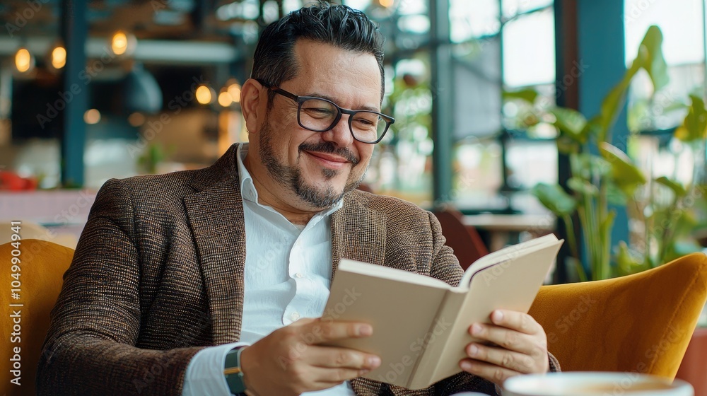 Man Enjoying Coffee While Reading a Book in a Café Man Enjoying Coffee While Reading a Book in a Café