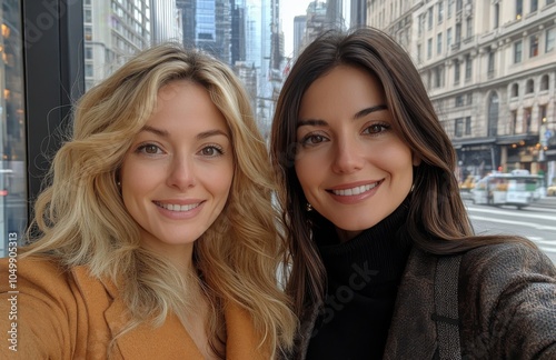 Two smiling women pose together in an urban setting with bright buildings and...
