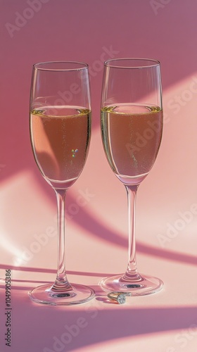 Elegant glasses filled with clear liquid on a soft pink background during day...