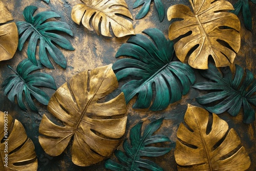 A colorful arrangement of green and yellow leaves on a dark surface during au...