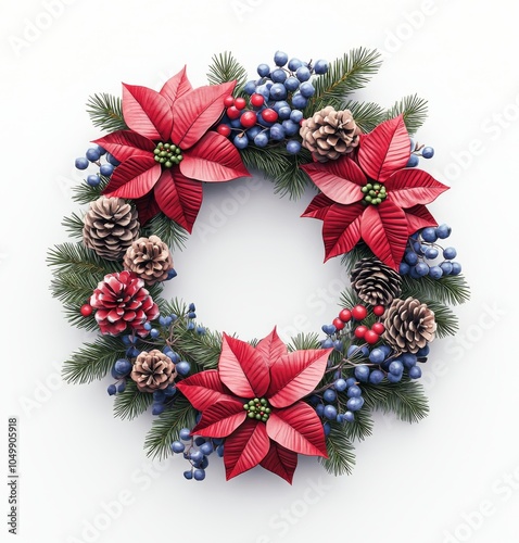 A white background with a Christmas wreath with a poinsettia in the center