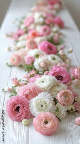Floral arrangement of white and coral flowers on a rustic wooden surface in b...