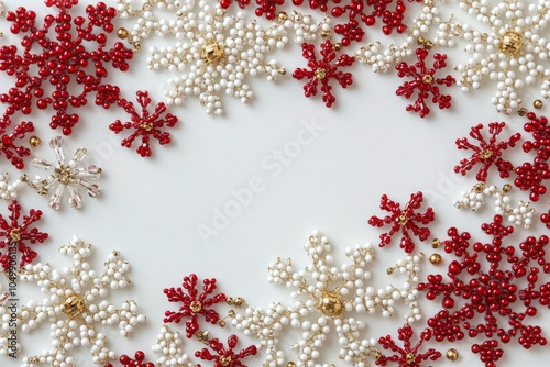Decorative snowflakes arranged in red, white, and gold on a flat surface for ...