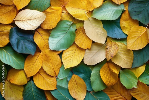 A colorful arrangement of green and yellow leaves on a dark surface during au...