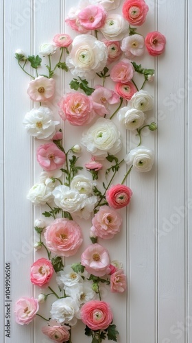 Floral arrangement of white and coral flowers on a rustic wooden surface in b...