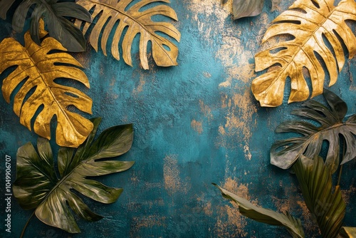 A colorful arrangement of green and yellow leaves on a dark surface during au...