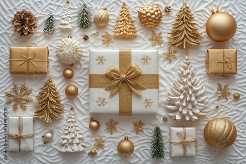 Stunning arrangement of gold themed Christmas decorations on a textured white...