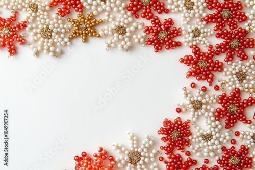 Decorative snowflakes arranged in red, white, and gold on a flat surface for ...