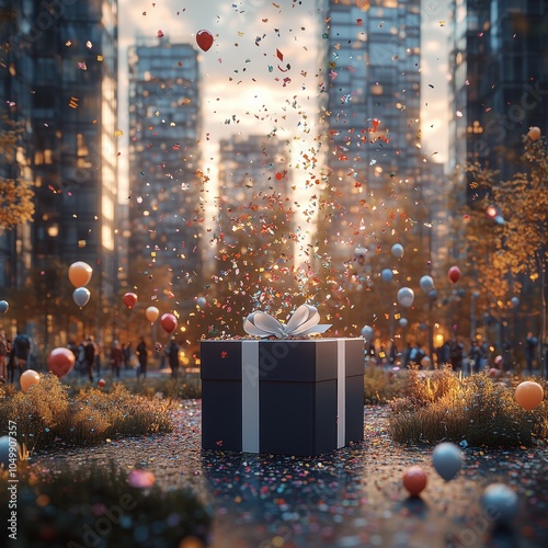 Celebratory Gift Box with Confetti and Balloons in a Modern Urban Park During a Festive Event photo