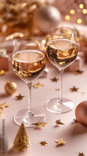 Celebratory cocktails on a festive table with golden decorations during a hol...