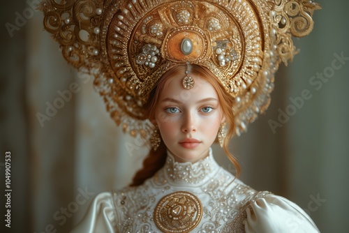 Sophisticated Portrait of a Woman Wearing a White and Gold Headdress with Intricate Details and a Regal Expression photo