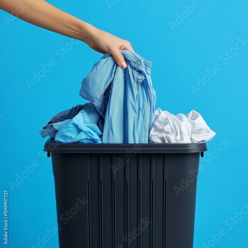 Minimalist Image of a Hand Tossing Blue and White Clothes into a Black Laundry Bin Against a Bright Blue Background