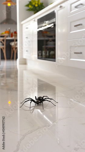 Crawling creepy black big spider indoor kitchen pest control infestation danger arachnid scary black crawl bug home hygiene alert warning banner copy space background advert