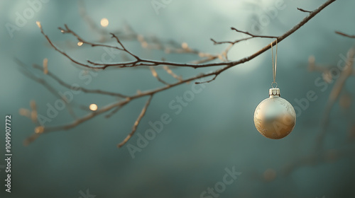 A delicate ornament hangs from a bare branch in a misty setting, with soft lights twinkling in the background