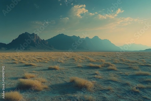 Expansive desert landscape with distant mountains under a vibrant sky at sunset