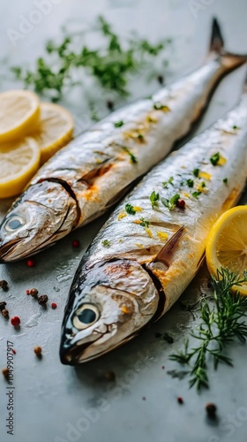 Freshly prepared mackerel with slices of lemon and herbs on a kitchen countertop