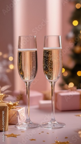 Celebratory cocktails on a festive table with golden decorations during a hol...
