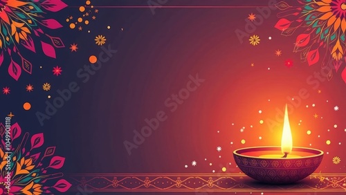 Diwali banner with glowing diya and colorful floral design, vibrant decorative background with copy space, symbolizing celebration and festivity, horizontal