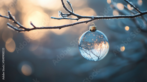 A glass ornament hanging from a frosty branch with blurred lights in the background, creating a serene winter atmosphere.