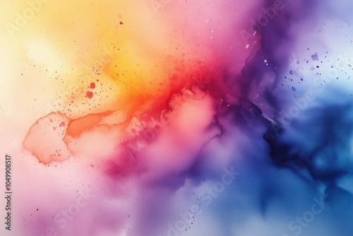 Abstract watercolor with vibrant splashes of pink, purple, and orange blending into a dreamy sunset-inspired scene