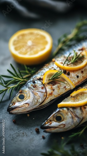 Freshly prepared mackerel with slices of lemon and herbs on a kitchen countertop
