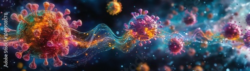 A virus in the process of replication inside a cell, with strands of RNA being copied, the biological process frozen in time, depicted in a vibrant, colorful palette photo