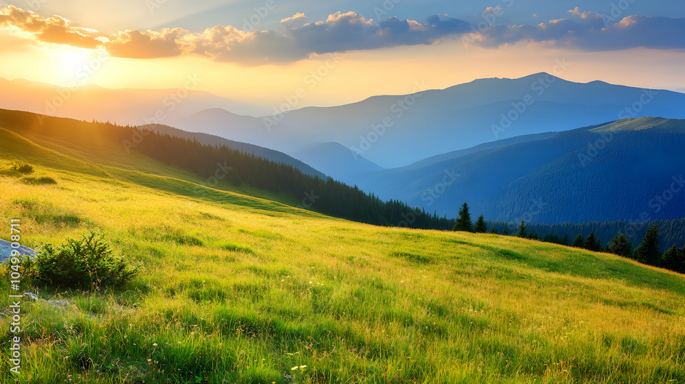Fototapeta premium Sunset Over Mountain Meadow, mountains, field, grass, green, blue