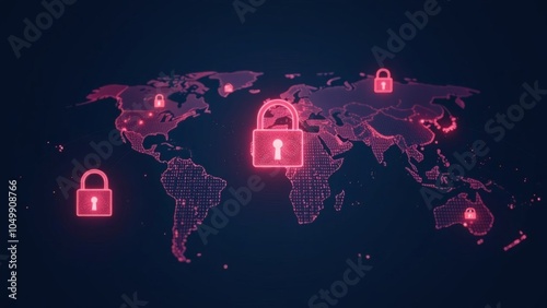 Global cybersecurity with digital locks on world map. Illustration of a world map with glowing red locks representing data security, cyber protection, and international network security. defocus