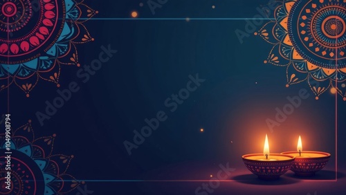 Diwali banner with glowing diya and colorful floral design, vibrant decorative background with copy space, symbolizing celebration and festivity, horizontal