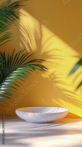 A white bowl resting on a wooden surface with green plants and bright yellow ...