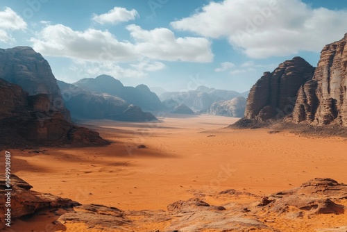 Expansive desert landscape with distant mountains under a vibrant sky at sunset