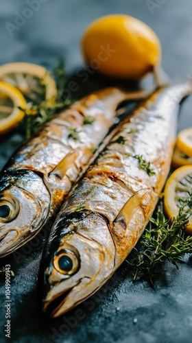 Freshly prepared mackerel with slices of lemon and herbs on a kitchen countertop