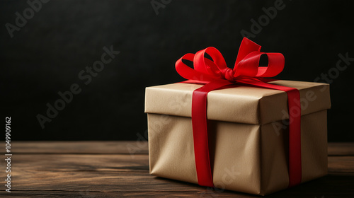 A beautifully wrapped gift box with a red ribbon sits on a wooden surface against a dark background