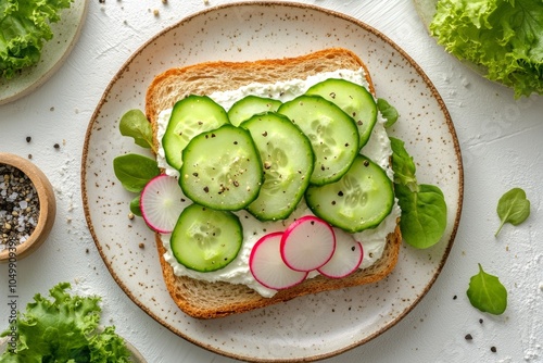 Fresh cucumber and radish open faced sandwich with greens on a light plate at...