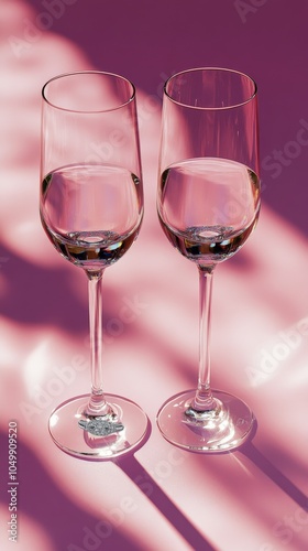 Elegant glasses filled with clear liquid on a soft pink background during day...
