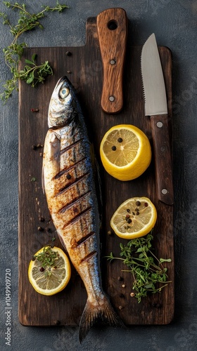 Freshly prepared mackerel with slices of lemon and herbs on a kitchen countertop